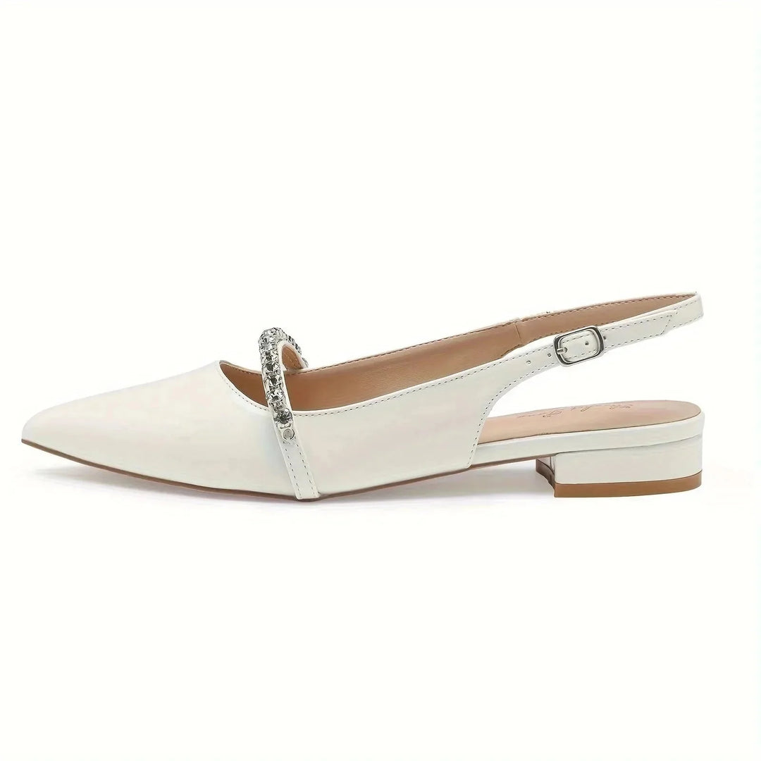 White Women's Rhinestone Pointed Toe Slingback Flats — Anouk Chic Low Heel - Side Profile