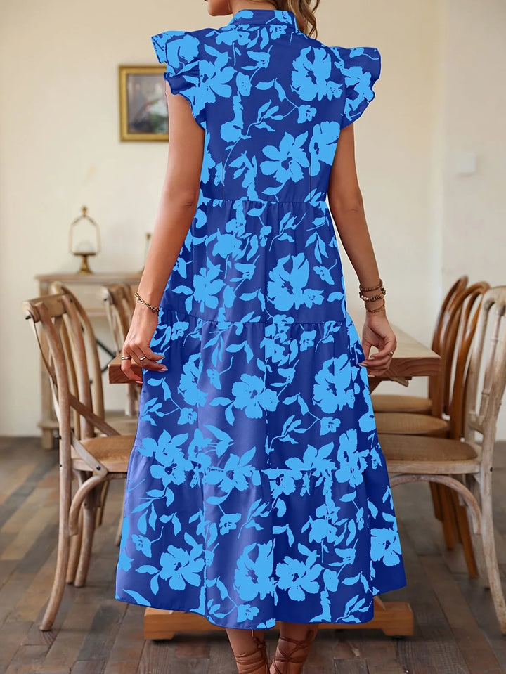 Blue Women's Floral Blue Dress — Samantha Ruffle Sleeve V-Neck - Back Detail