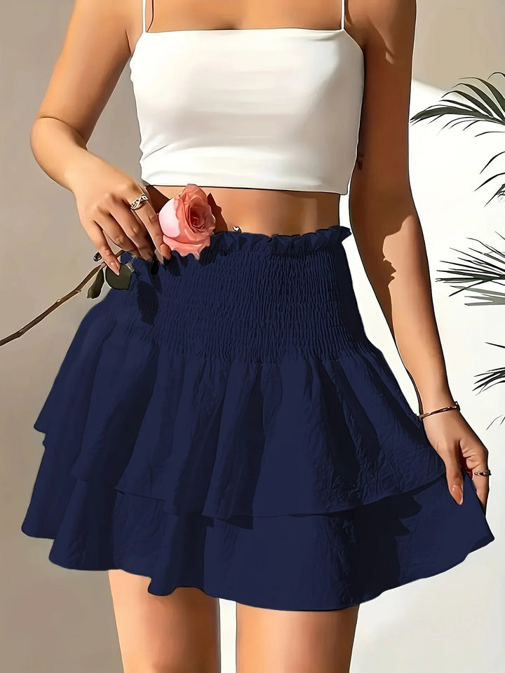 Blue Women's Ruffled Smocked White Mini Skirt — Lucia Tiered High-Waisted - Front Pose