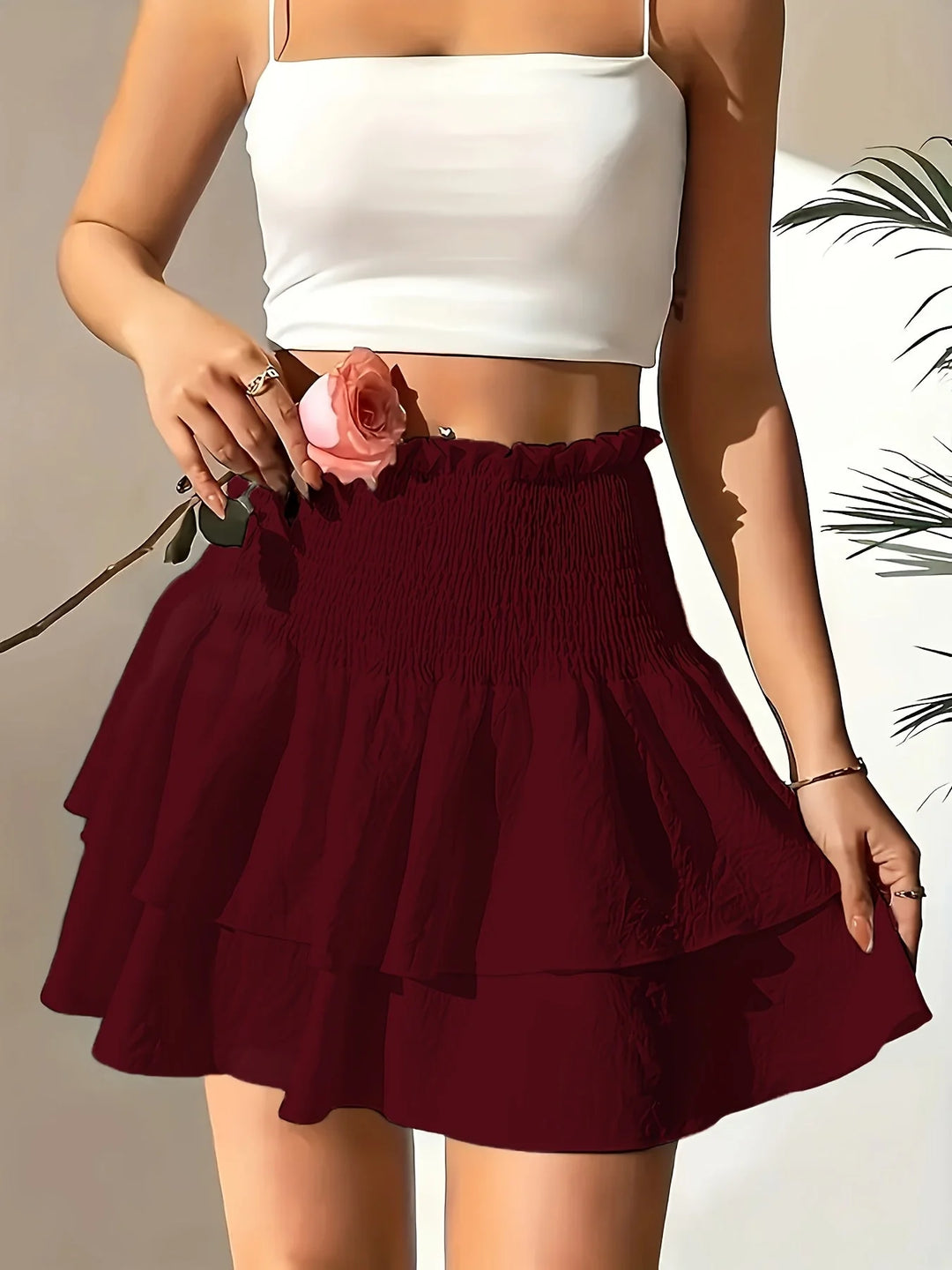Burgundy Women's Ruffled Smocked White Mini Skirt — Lucia Tiered High-Waisted - Model Lifestyle