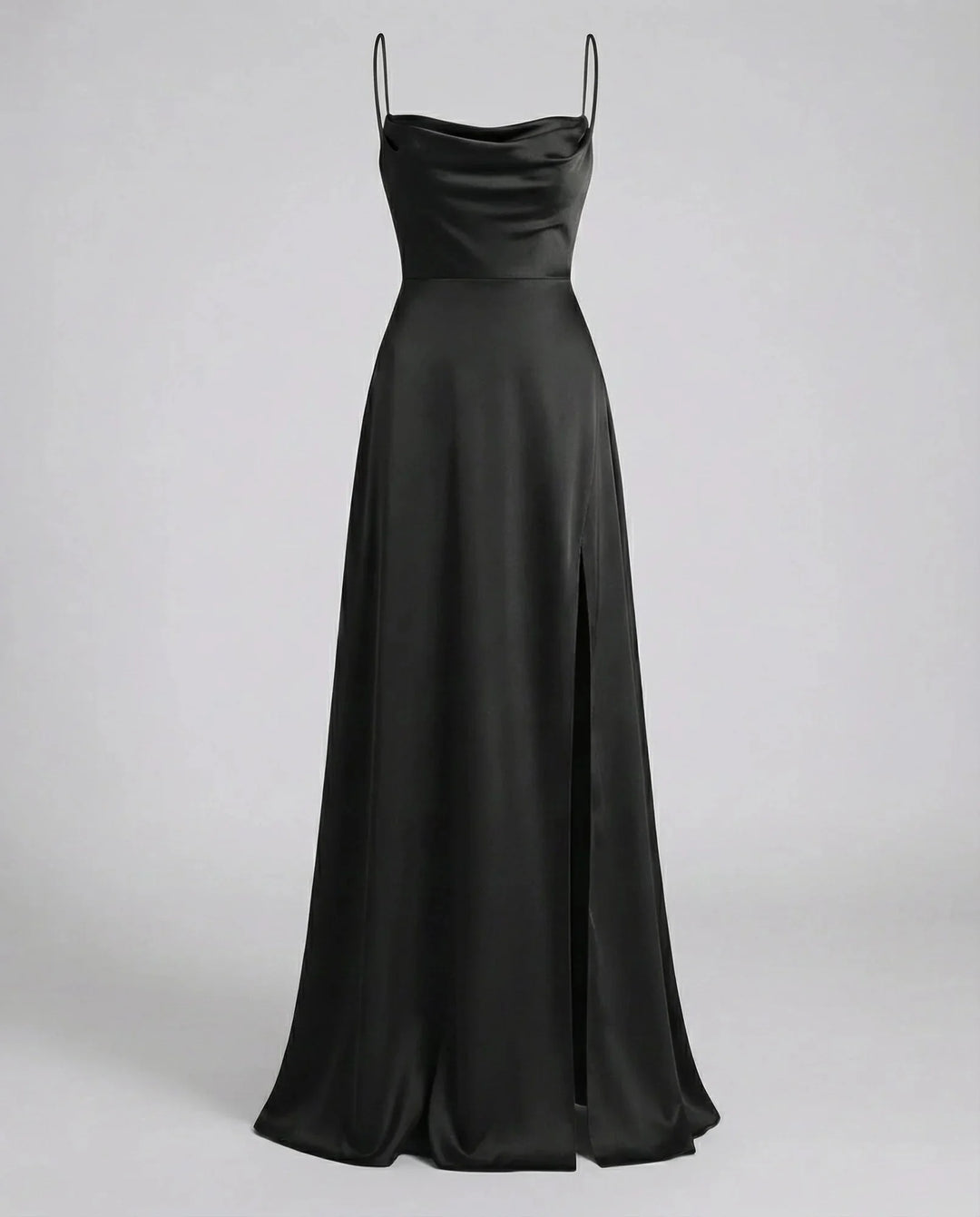 Black Women's Satin Cowl Neck Maxi Dress — Elsie Lace-Up Elegant - Flat Lay