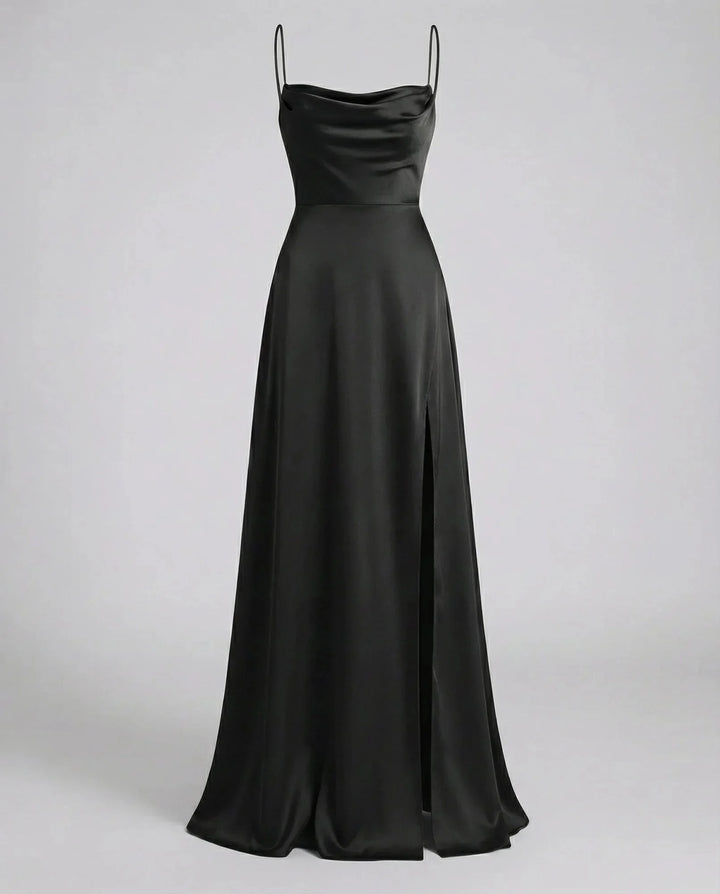 Black Women's Satin Cowl Neck Maxi Dress — Elsie Lace-Up Elegant - Flat Lay