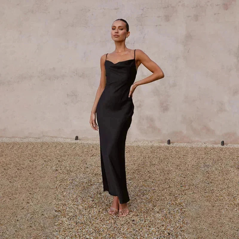 Black Women's Satin Cowl Neck Maxi Dress — Amelia Sleeveless Evening - Studio Front