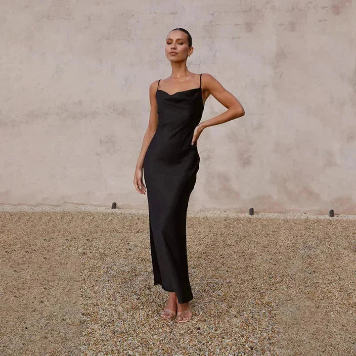 Black Women's Satin Cowl Neck Maxi Dress — Amelia Sleeveless Evening - Studio Front