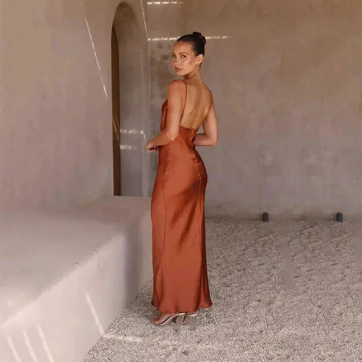 Brown Women's Satin Cowl Neck Maxi Dress — Amelia Sleeveless Evening - Back Detail