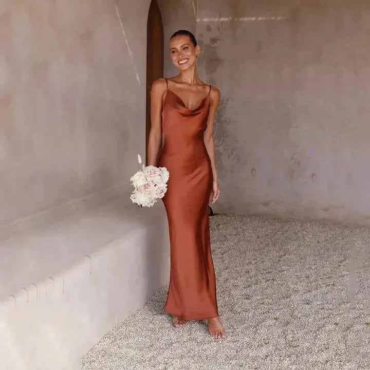 Brown Women's Satin Cowl Neck Maxi Dress — Amelia Sleeveless Evening - Front Full