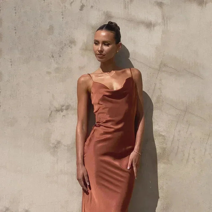Brown Women's Satin Cowl Neck Maxi Dress — Amelia Sleeveless Evening - Outdoor Pose