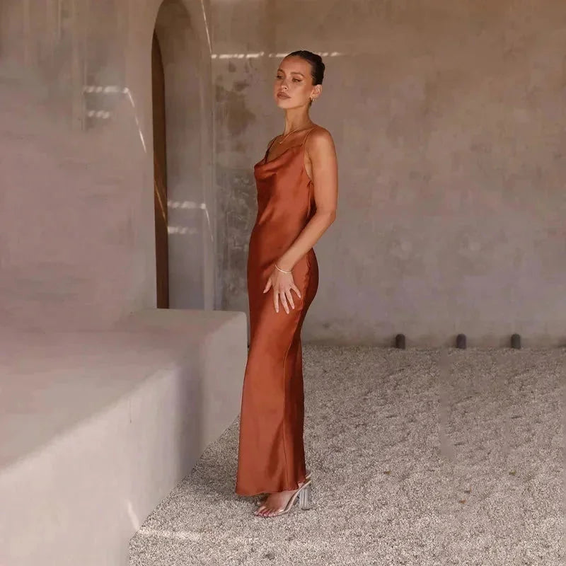 Brown Women's Satin Cowl Neck Maxi Dress — Amelia Sleeveless Evening - Side Profile