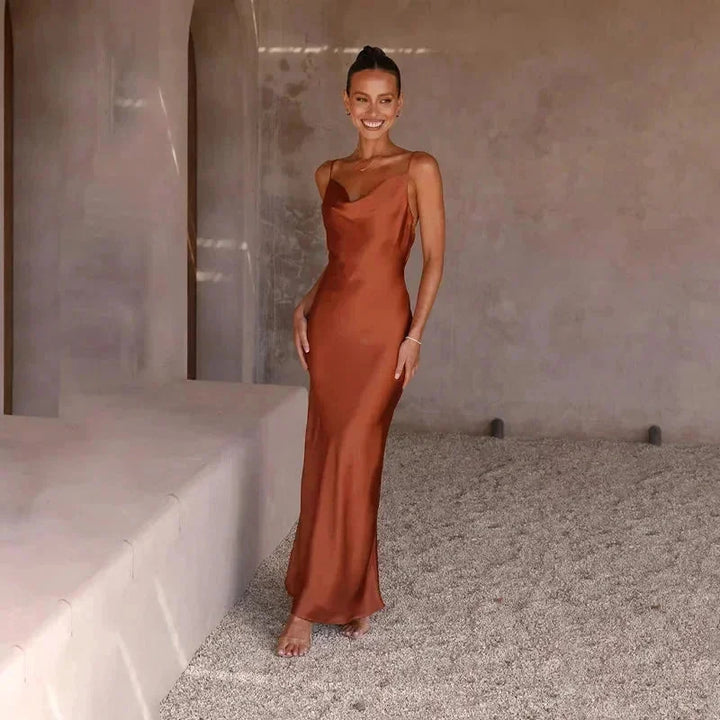 Brown Women's Satin Cowl Neck Maxi Dress — Amelia Sleeveless Evening - Studio Full