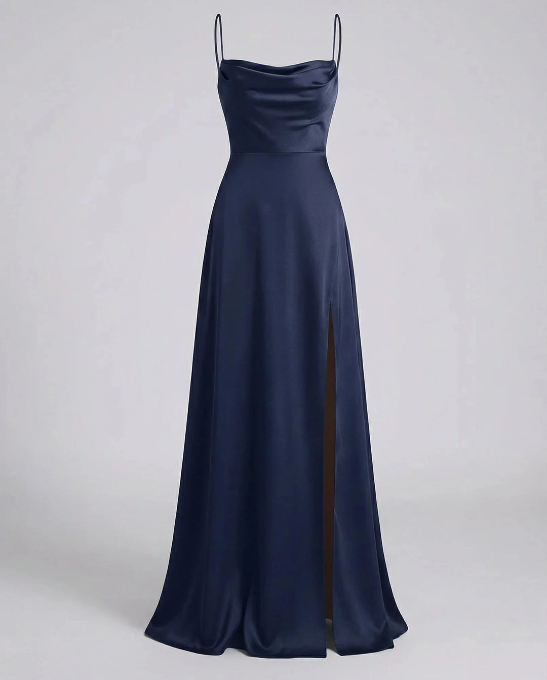 Dark Blue Women's Satin Cowl Neck Maxi Dress — Elsie Lace-Up Elegant - Flat Lay Navy
