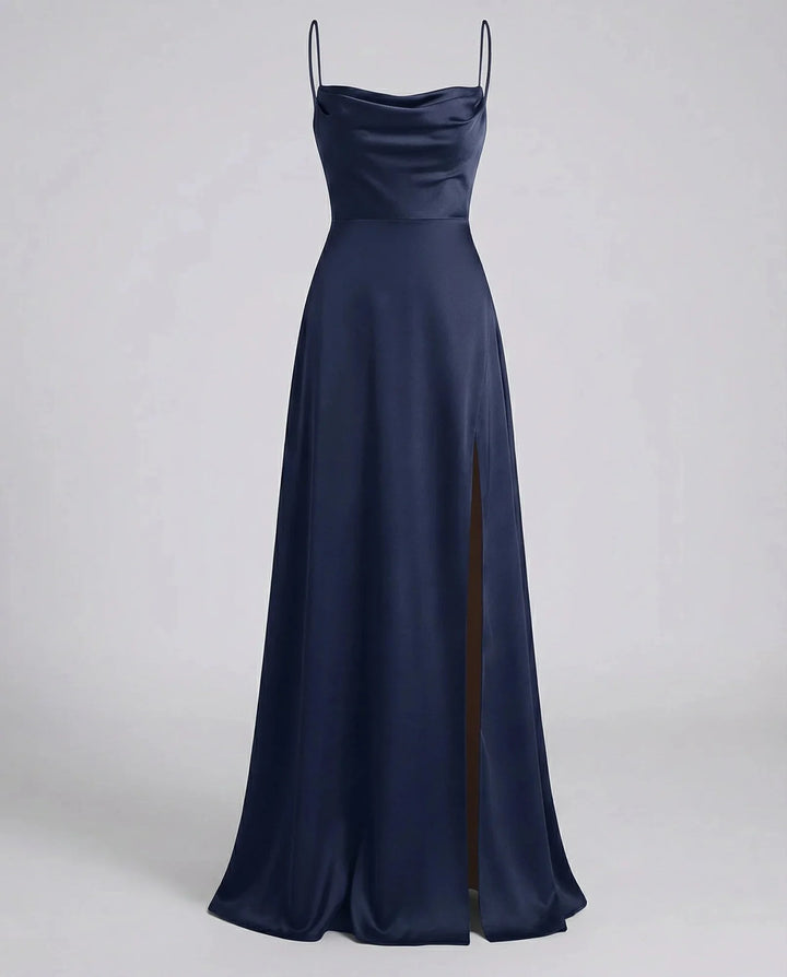 Dark Blue Women's Satin Cowl Neck Maxi Dress — Elsie Lace-Up Elegant - Flat Lay Navy