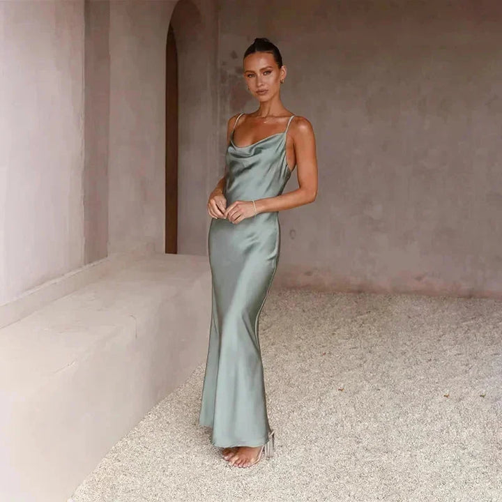 Light Green Women's Satin Cowl Neck Maxi Dress — Amelia Sleeveless Evening - Front Pose