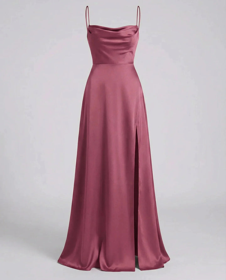 Pink Women's Satin Cowl Neck Maxi Dress — Elsie Lace-Up Elegant - Flat Lay