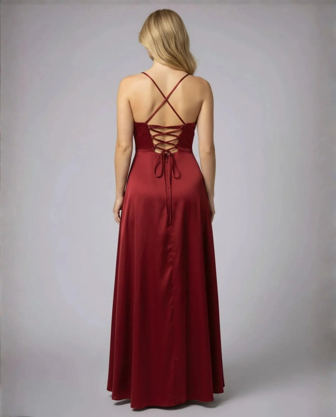 Red Women's Satin Cowl Neck Maxi Dress — Elsie Lace-Up Elegant - Back Lace Up