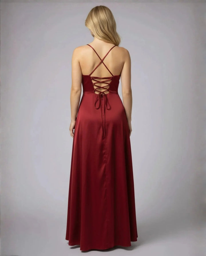 Red Women's Satin Cowl Neck Maxi Dress — Elsie Lace-Up Elegant - Back Lace Up