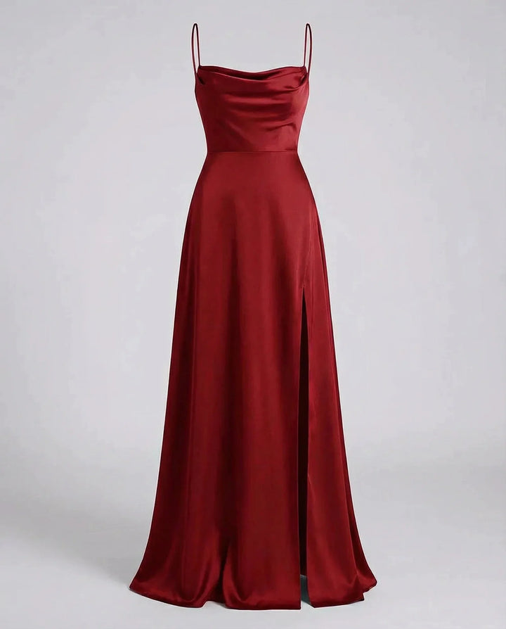 Red Women's Satin Cowl Neck Maxi Dress — Elsie Lace-Up Elegant - Flat Lay Full