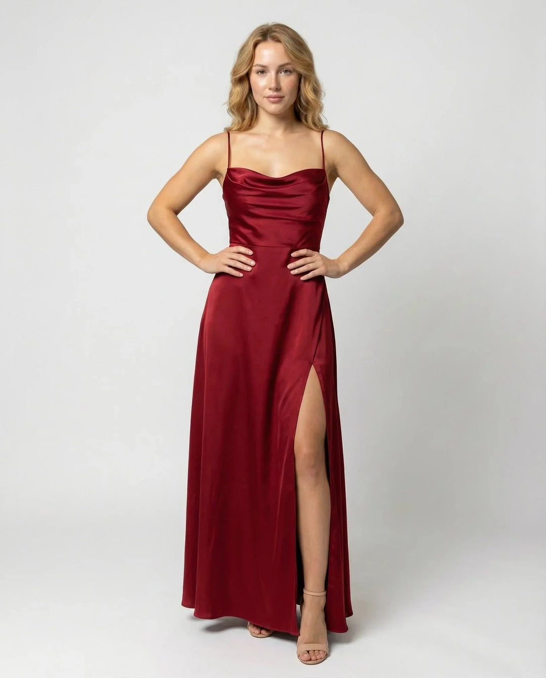 Red Women's Satin Cowl Neck Maxi Dress — Elsie Lace-Up Elegant - Front Full