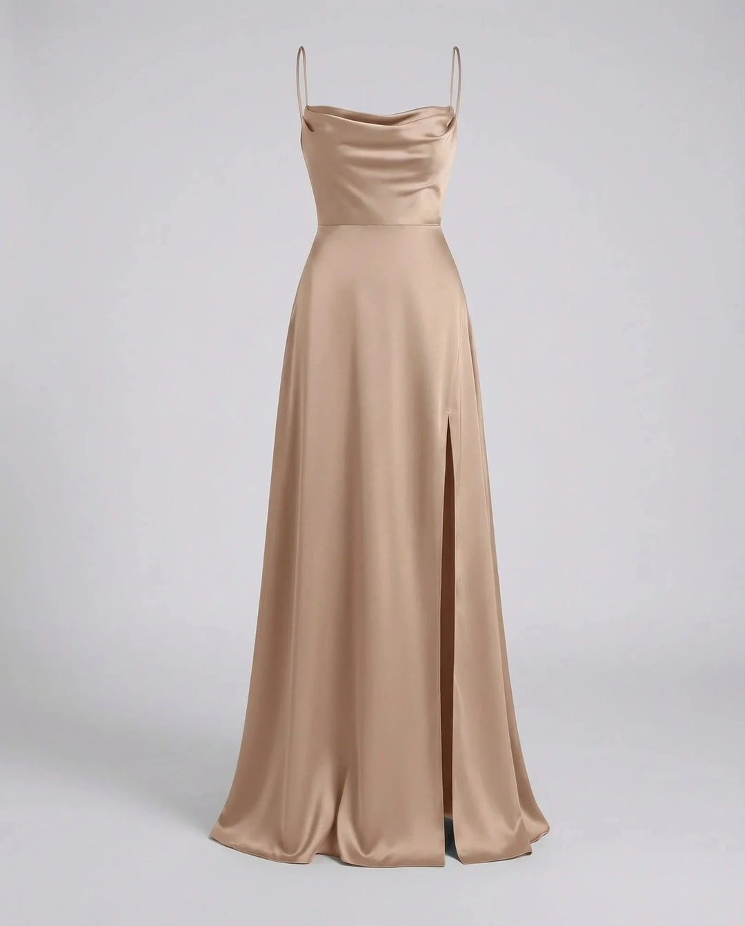 Tan Women's Satin Cowl Neck Maxi Dress — Elsie Lace-Up Elegant - Flat Lay