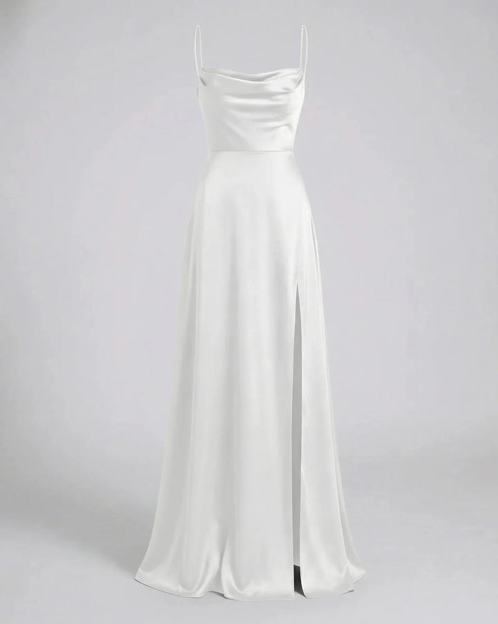 White Women's Satin Cowl Neck Maxi Dress — Elsie Lace-Up Elegant - Flat Lay