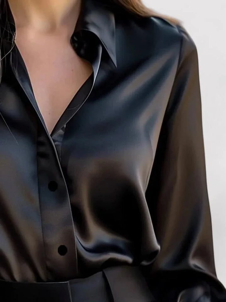 Black Women's Satin Long Sleeve Blouse — Rita Button-Front Professional - Front Close Detail