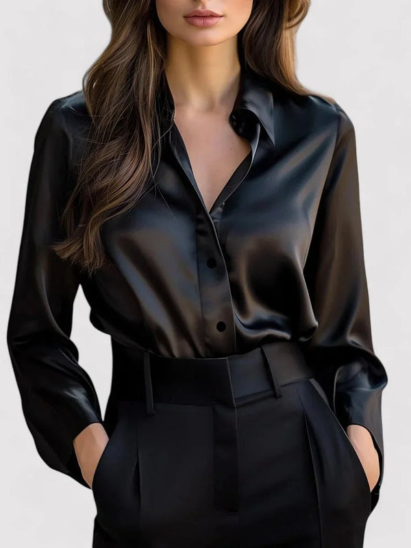 Women's Satin Long Sleeve Blouse — Rita Button-Front Professional