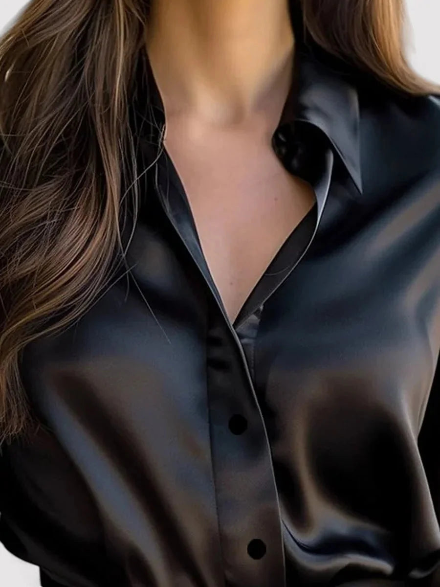 Black Women's Satin Long Sleeve Blouse — Rita Button-Front Professional - Neckline Detail