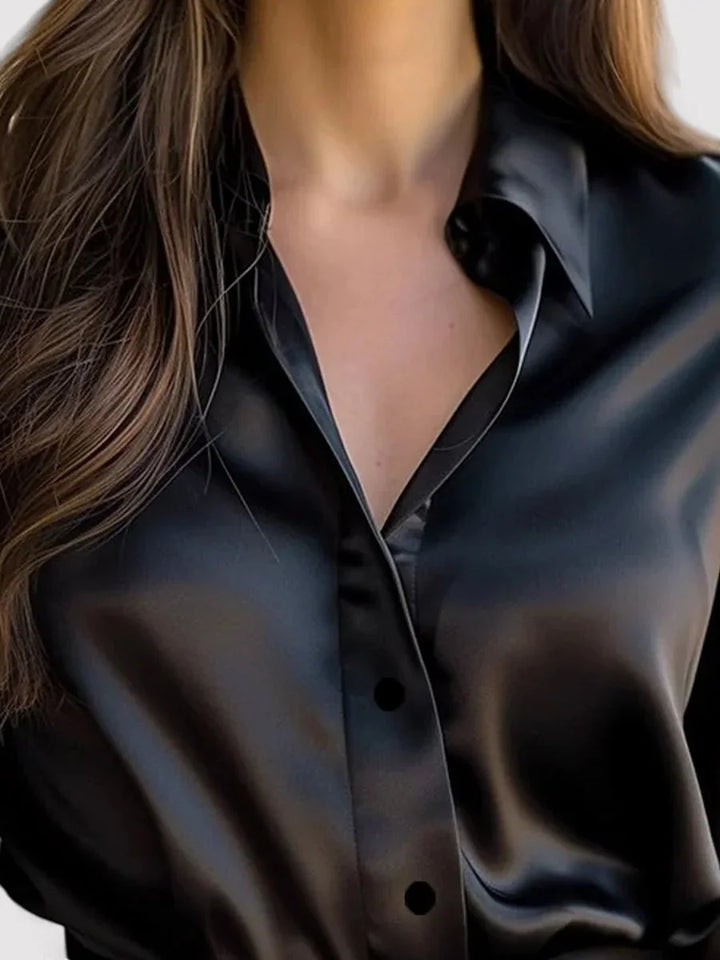 Black Women's Satin Long Sleeve Blouse — Rita Button-Front Professional - Neckline Detail