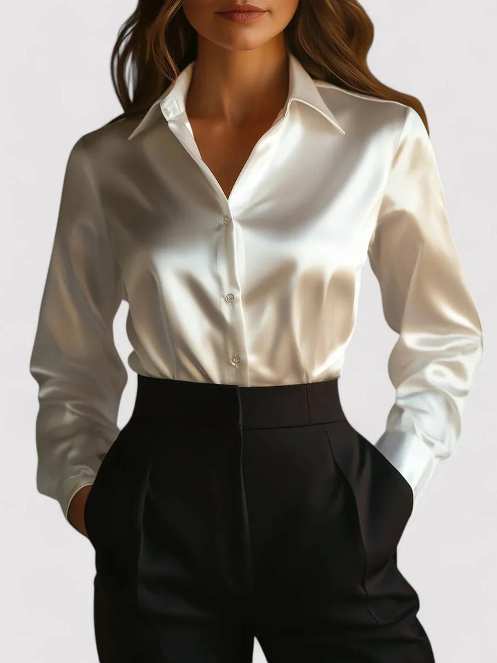 White Women's Satin Long Sleeve Blouse — Rita Button-Front Professional - Professional Pose