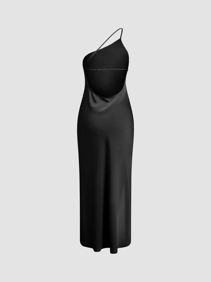 Black Women's Satin Maxi Dress Back Slit — Robyn One-Shoulder Cut-Out - Front Studio