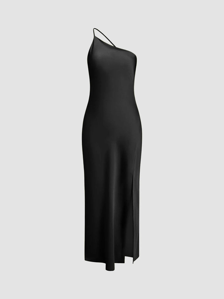 Black Women's Satin Maxi Dress Back Slit — Robyn One-Shoulder Cut-Out - Side Studio