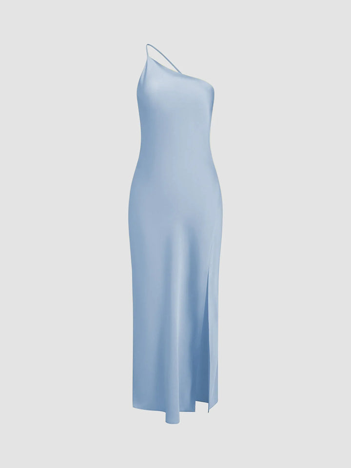 Blue Women's Satin Maxi Dress Back Slit — Robyn One-Shoulder Cut-Out - Side View