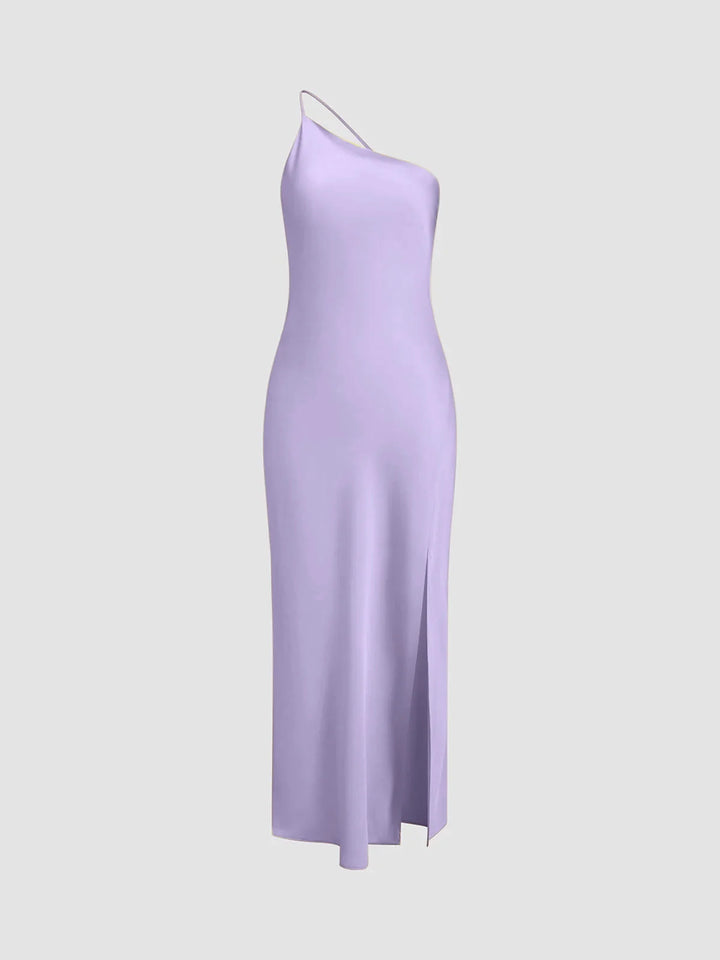 Blue Women's Satin Maxi Dress Back Slit — Robyn One-Shoulder Cut-Out - Studio Front