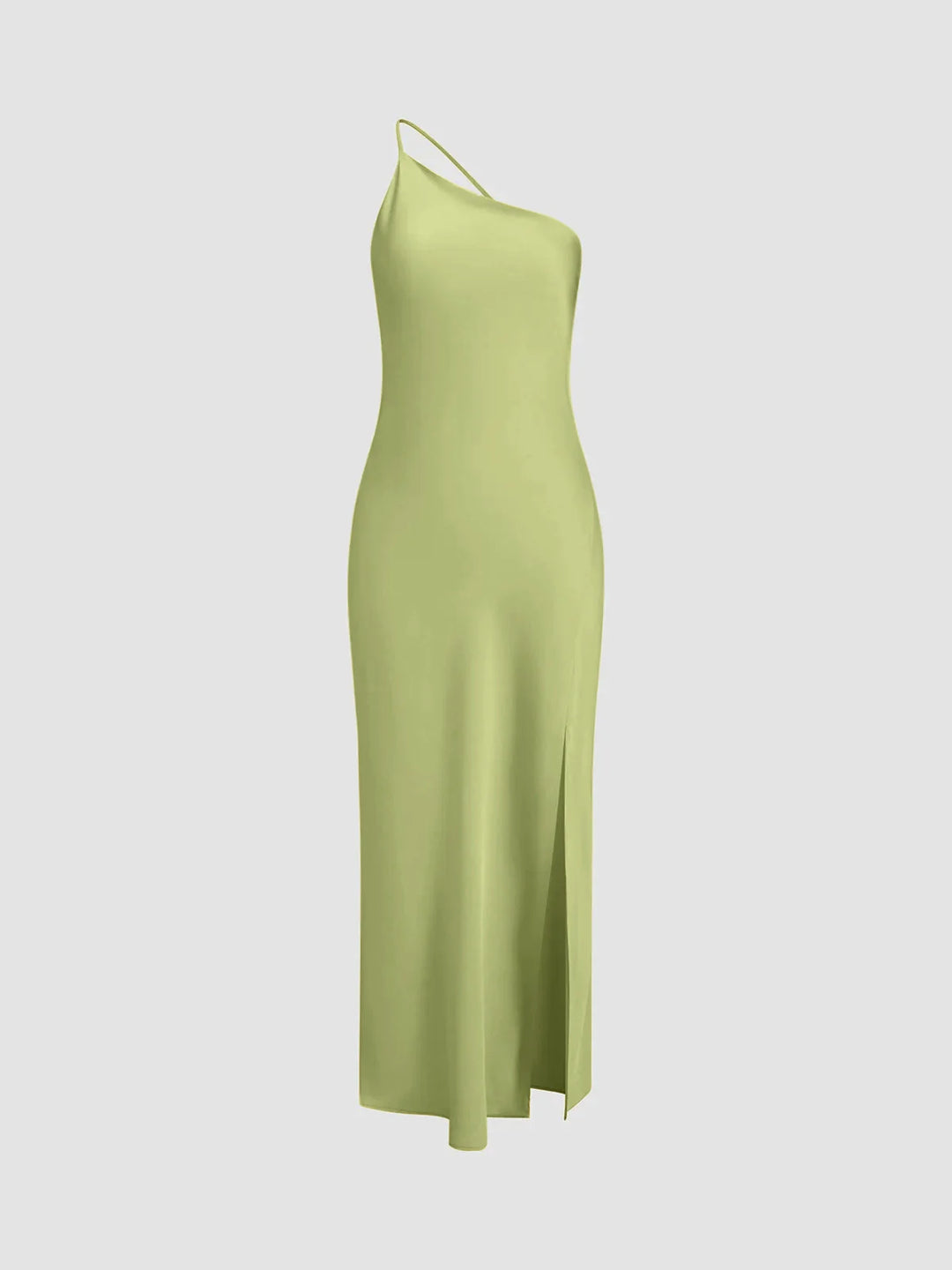 Green Women's Satin Maxi Dress Back Slit — Robyn One-Shoulder Cut-Out - Front Model