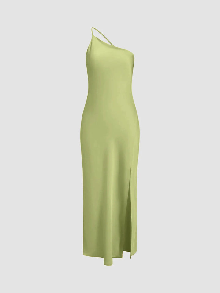 Green Women's Satin Maxi Dress Back Slit — Robyn One-Shoulder Cut-Out - Front Model