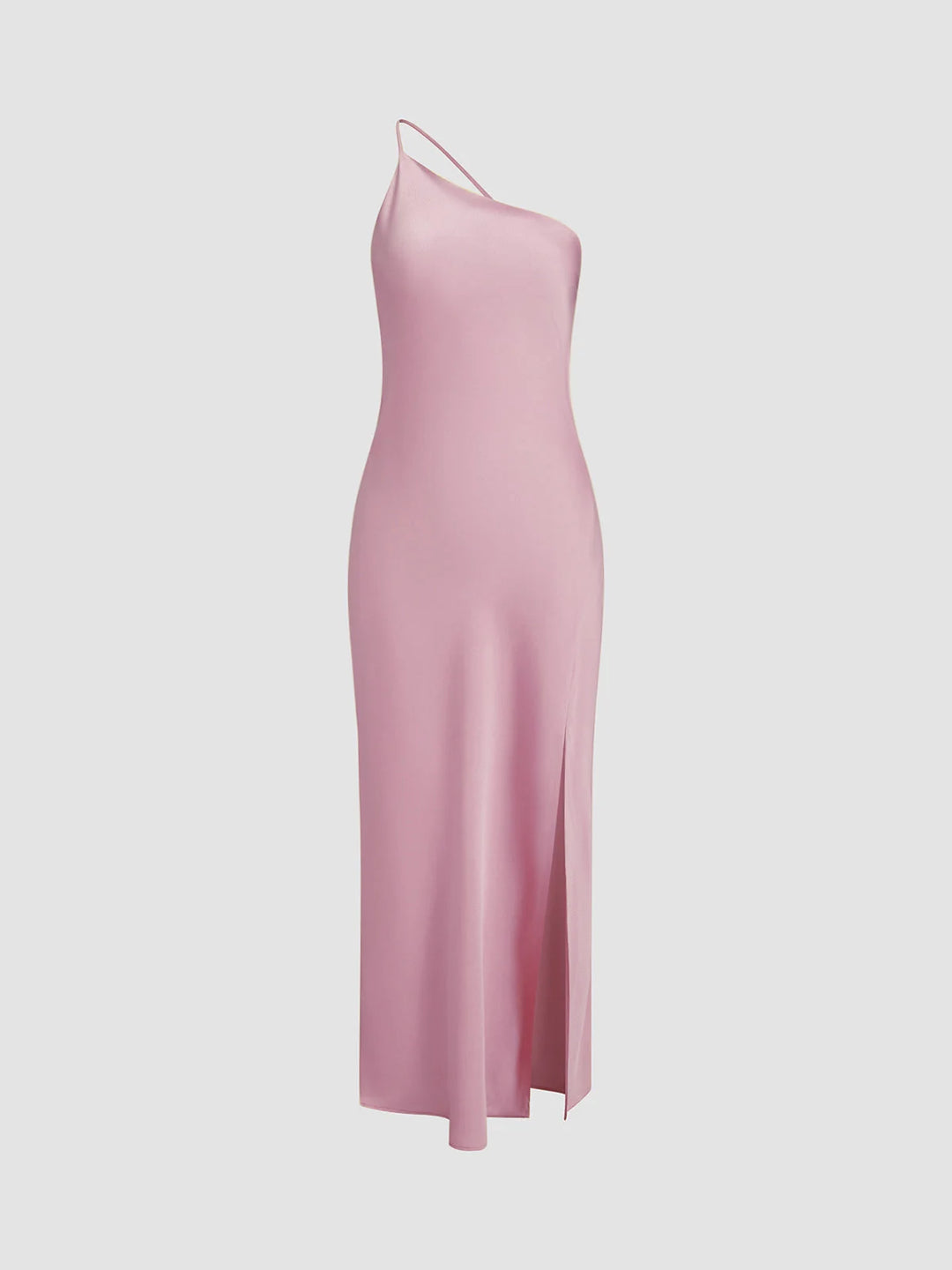 Pink Women's Satin Maxi Dress Back Slit — Robyn One-Shoulder Cut-Out - Model Pose