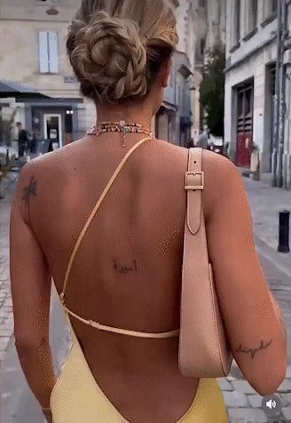 Yellow Women's Satin Maxi Dress Back Slit — Robyn One-Shoulder Cut-Out - Back Detail