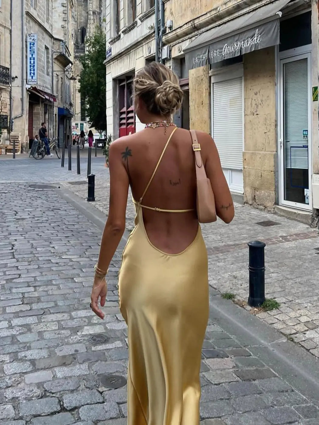 Yellow Women's Satin Maxi Dress Back Slit — Robyn One-Shoulder Cut-Out - Back Full
