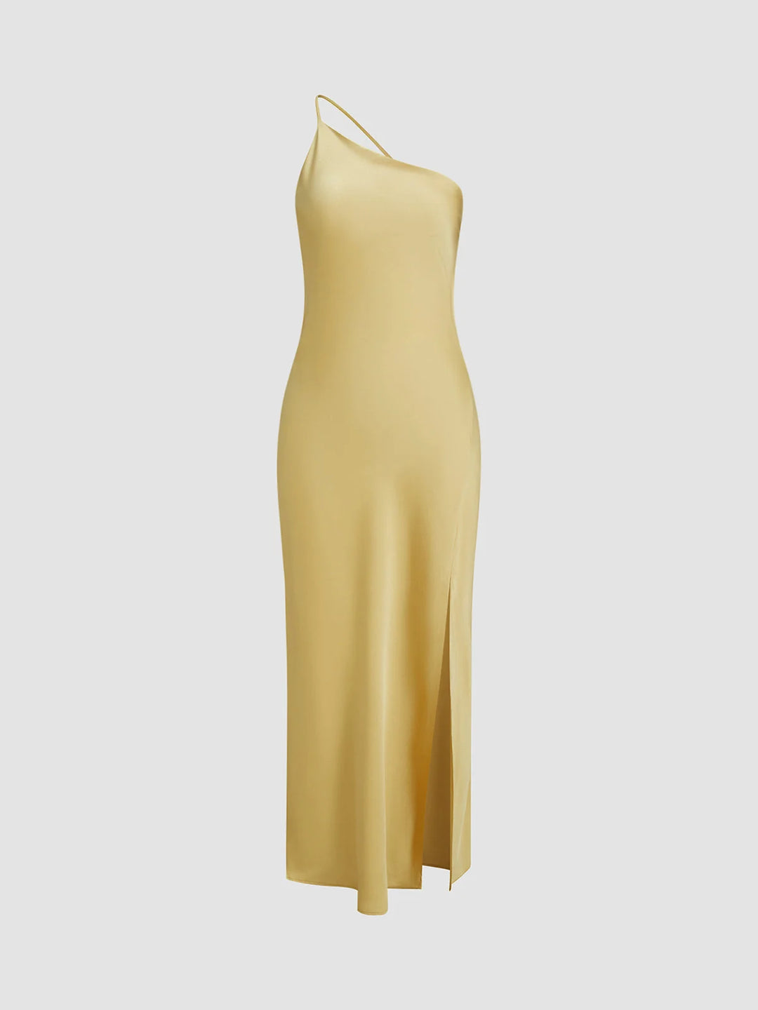 Yellow Women's Satin Maxi Dress Back Slit — Robyn One-Shoulder Cut-Out - Front Full