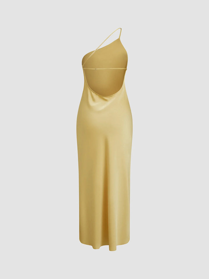 Yellow Women's Satin Maxi Dress Back Slit — Robyn One-Shoulder Cut-Out - Side Pose
