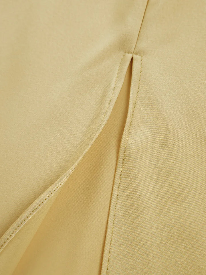 Yellow Women's Satin Maxi Dress Back Slit — Robyn One-Shoulder Cut-Out - Slit Detail