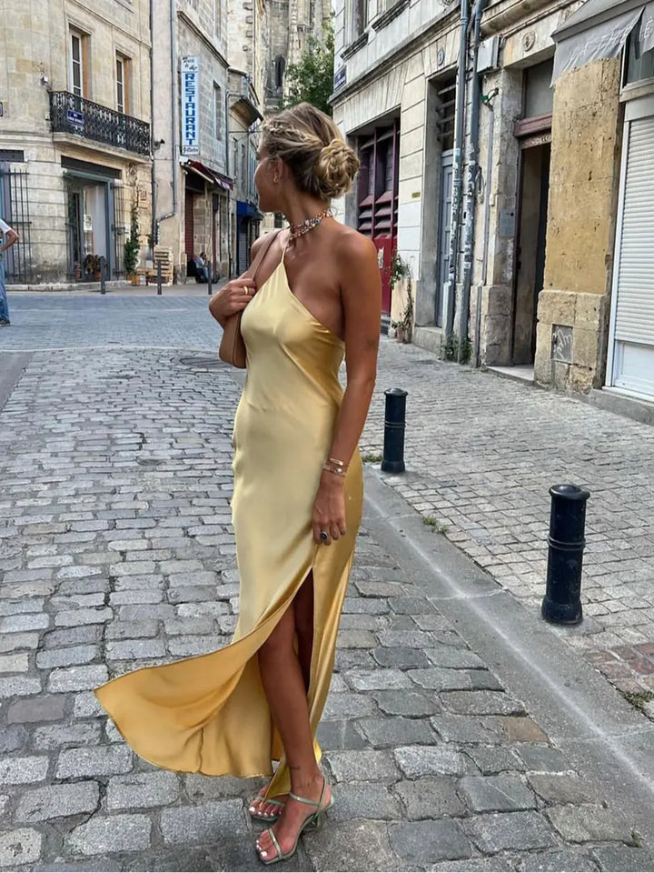 Yellow Women's Satin Maxi Dress Back Slit — Robyn One-Shoulder Cut-Out - Street Style