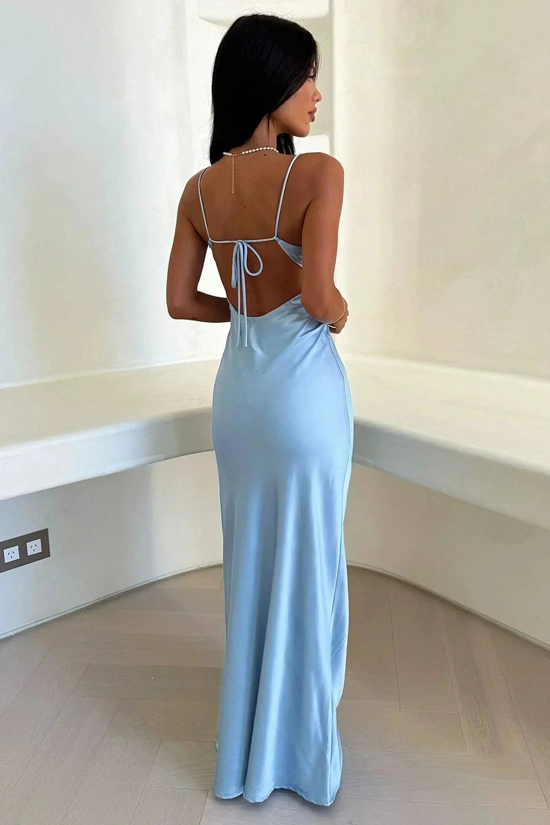 Light Blue Women's Light Blue Satin Slip Maxi Dress — Eilidh V-Neck Cut-Out - Back Detail