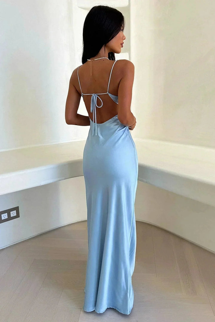 Light Blue Women's Light Blue Satin Slip Maxi Dress — Eilidh V-Neck Cut-Out - Back Detail