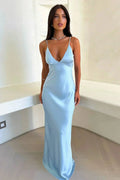 Women's Light Blue Satin Slip Maxi Dress — Eilidh V-Neck Cut-Out