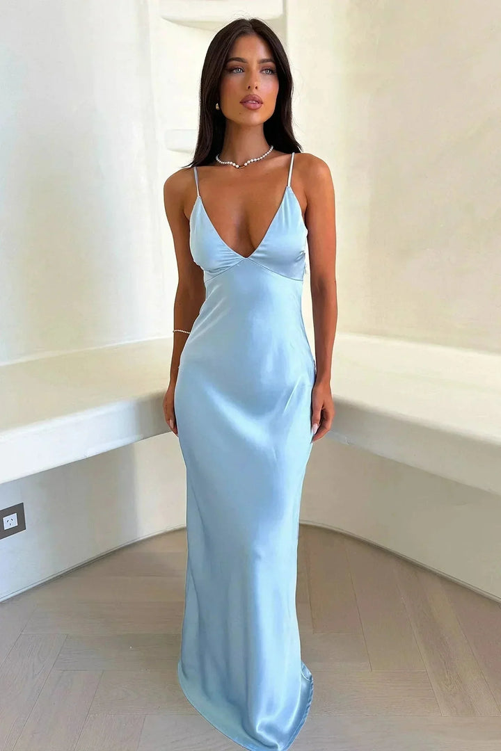 Light Blue Women's Light Blue Satin Slip Maxi Dress — Eilidh V-Neck Cut-Out - Front Full