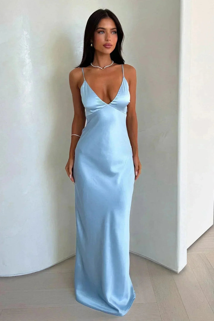 Light Blue Women's Light Blue Satin Slip Maxi Dress — Eilidh V-Neck Cut-Out - Front Standing