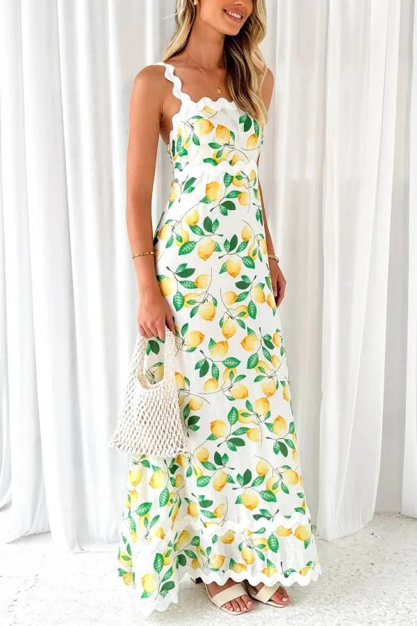 Lila | Elegant Lemon Dress With Scalloped Neckline Maxi