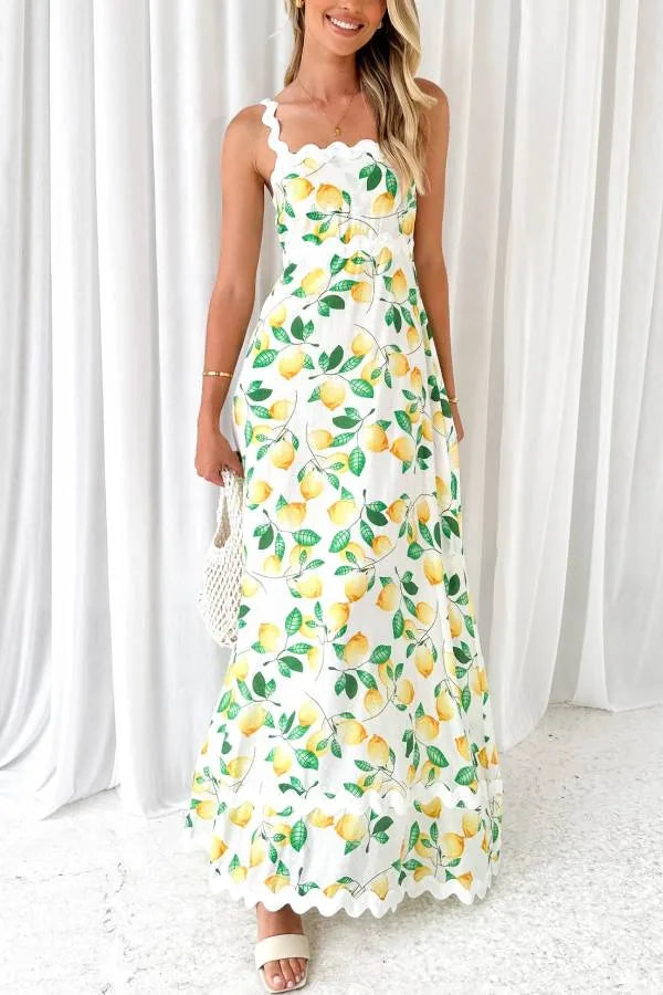 Lila | Elegant Lemon Dress With Scalloped Neckline Maxi