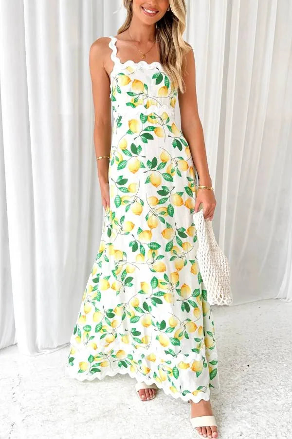 Lila | Elegant Lemon Dress With Scalloped Neckline Maxi