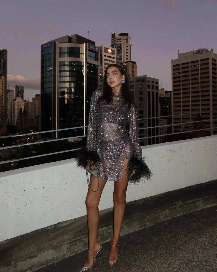 Emma | Feather Trim Cocktail Party Mini Dress
